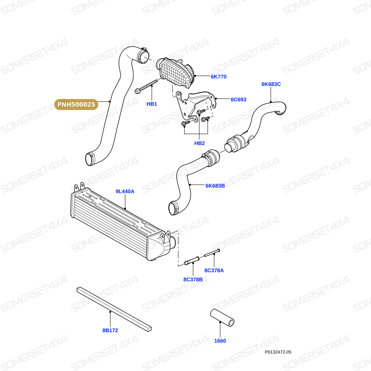 PNH500025 LAND ROVER - ENGINE INTERCOOLER HOSE - TD6 2.7 DIESEL - RH - COOLER END From ALLMAKES
