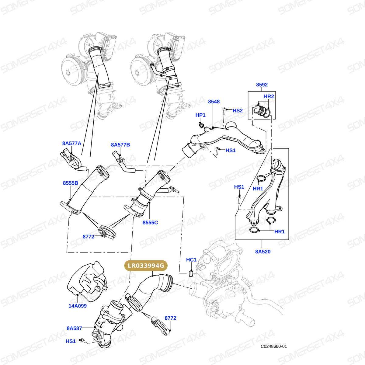 LR033994G LAND ROVER - TUBE-COOLANT-PUMP TO TSTAT 3.0SC 5.0NA+SC From PR2 ALLMAKES OE