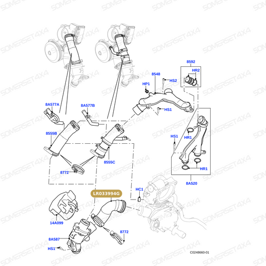 LR033994G LAND ROVER - TUBE-COOLANT-PUMP TO TSTAT 3.0SC 5.0NA+SC From PR2 ALLMAKES OE